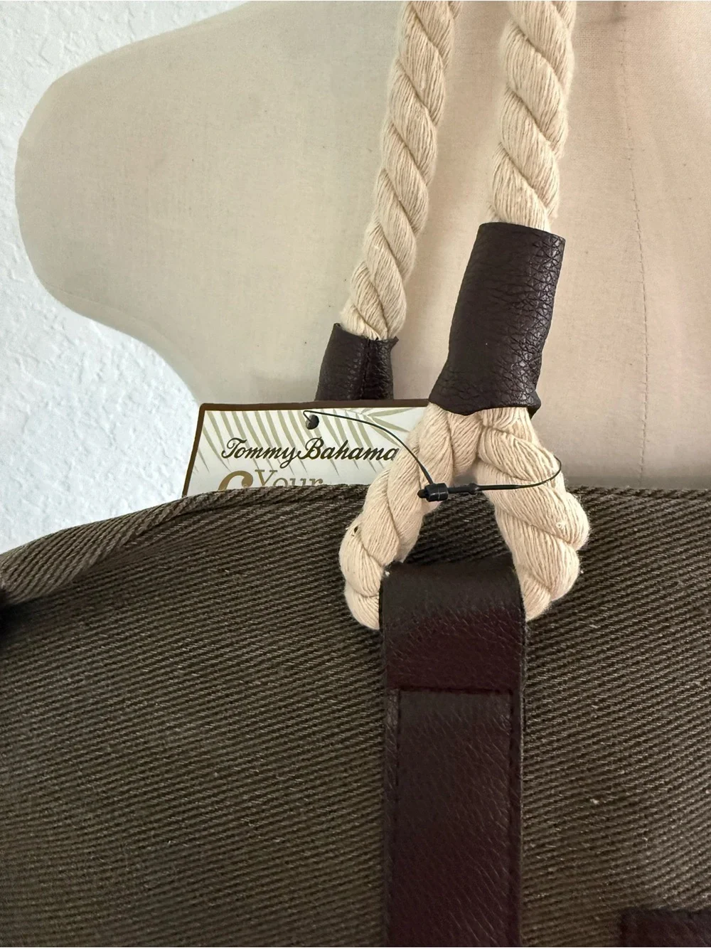 New mens Tommy Bahama Olive Green Canvas Tote with Cream Rope Handles
